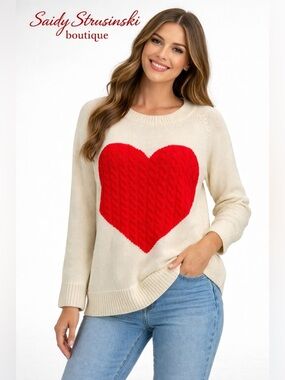 Cream and Red Crew Neck Sweater with Heart Design